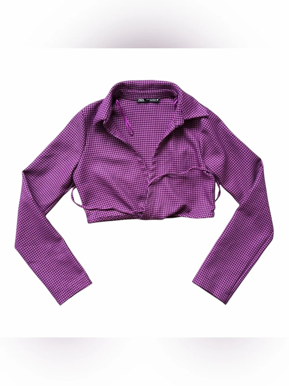 Zara Women’s Purple Black Houndstooth Cropped Wrap Top XS Long Sleeve Tie-Front
